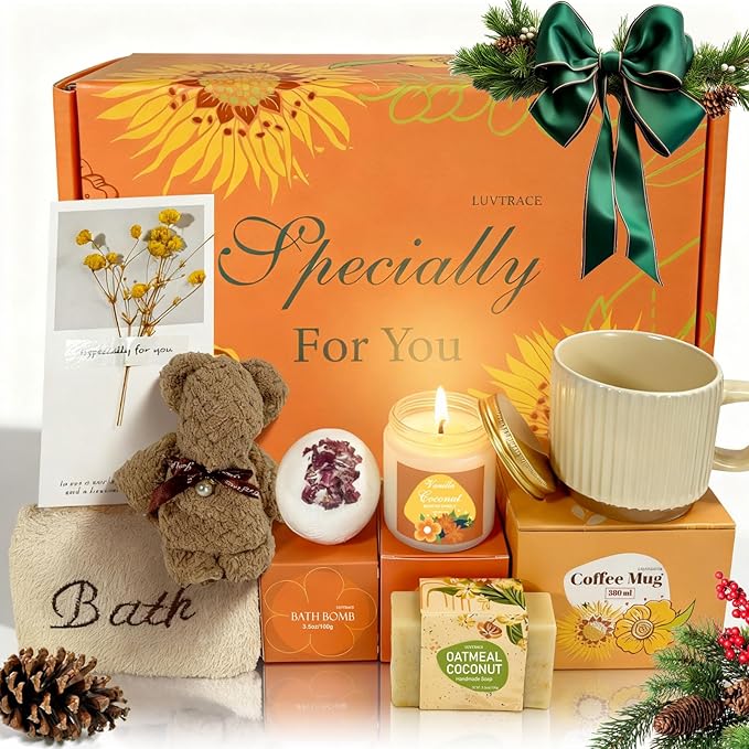 Self Care Gifts for Women,Spa Gift Box for Women,8-in-1 Relaxing Gift Set with Ceramic Mug,Candle,Bath Bomb,Handmade Soap,Bear Towel,Greeting Card,Birthday, Get Well Soon, Thinking of You