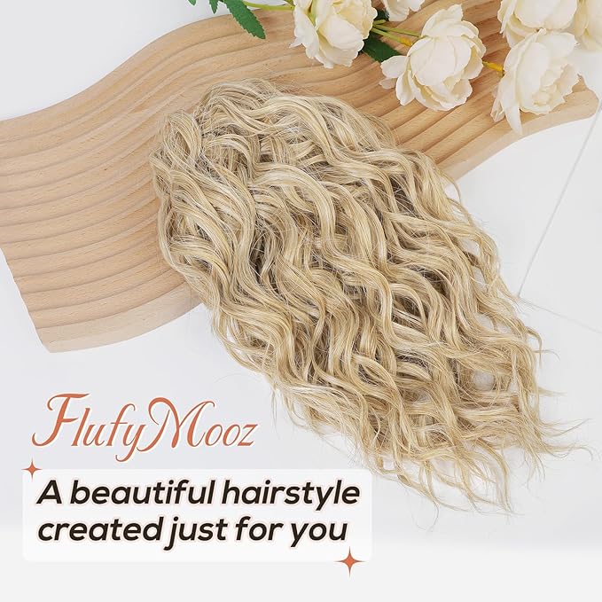 Flufymooz Ponytail Extension, 12" Short Claw Ponytail Extension Wavy Curly Jaw Clip in Pony tails Hair Extension Natural Synthetic Hairpiece for Women (Cool Blonde)