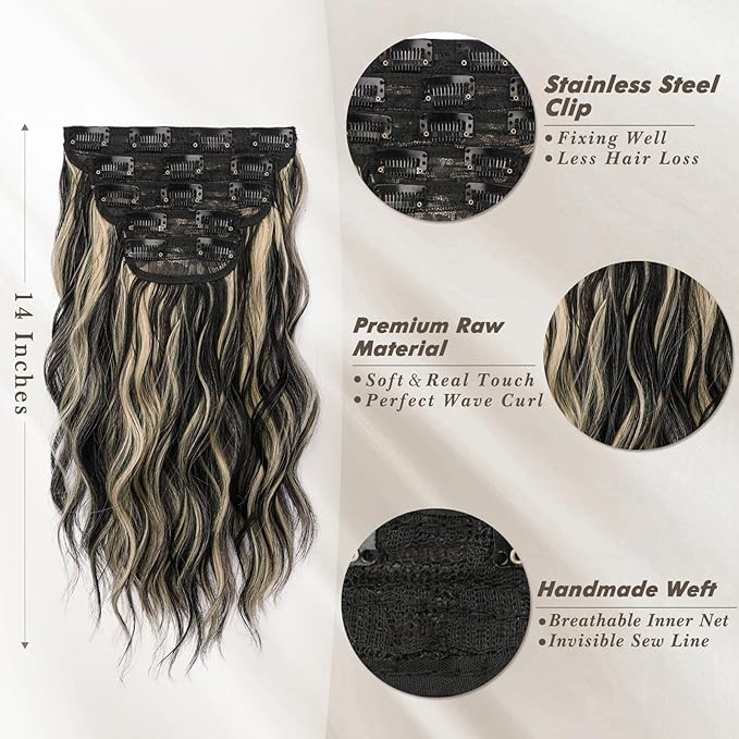 BARSDAR Short Wavy Clip in Hair Extensions - 14 Inch Black Blonde Highlights Hair Extensions for Women - 5PCs Thick Soft Synthetic Clip in Hairpieces Daily Party - Black with Blonde Highlights