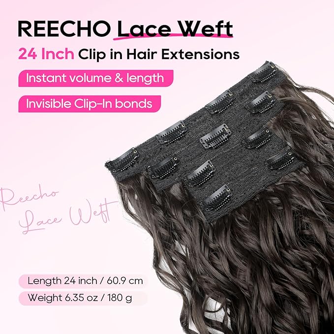 REECHO Curly Hair Extensions, 4PCS 24 inch Clip in Hair Extensions Lace Weft Short Curly Hair Extension Clip Ins Invisible Natural Hairpieces for Women, Off Black