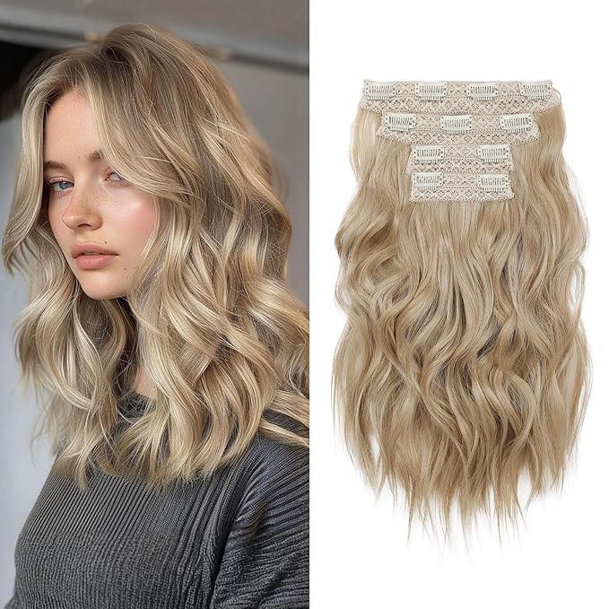 Hair Extensions, 14" Short Clip in Hair Extensions 4PCS Beach Wave Blonde Natural Soft Synthetic Hairpiece for Women - Champagne Blonde