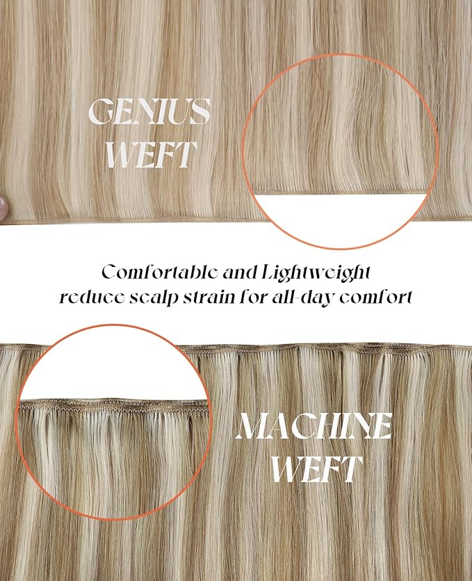 Sunny Hair Genius Weft Human Hair Extensions 24inch Blonde Hair Extensions Genius Wefts Ash Blonde Highlights Light Blonde Hand Tied Sew in Hair Extension for Women Real Hair Can Be Dyed