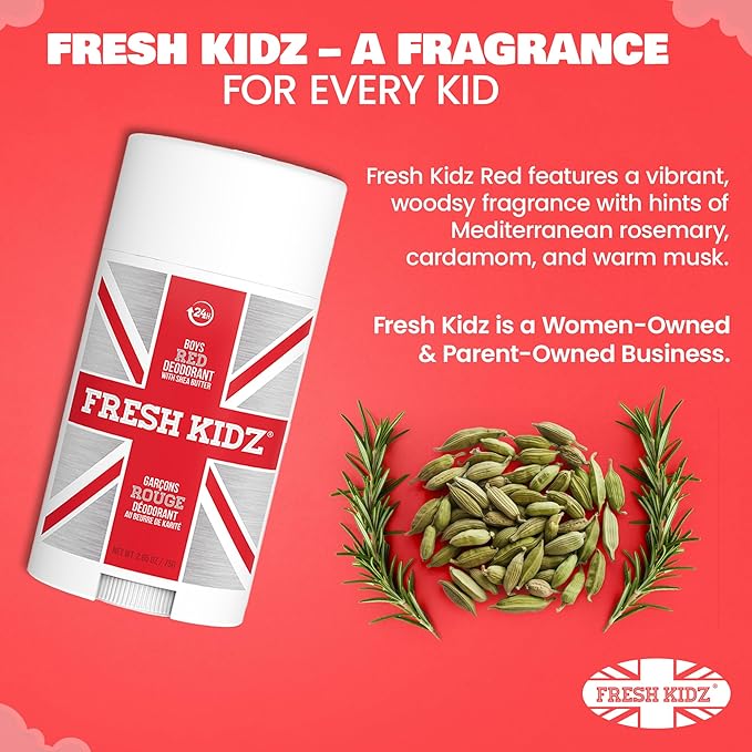 Fresh Kidz Deodorant Stick for Kids and Teens - Baking Soda and Aluminum-free 24 Hour Protection for Sensitive Skin - Boys "Red", 2.65 oz / 75 g (2 Pack)