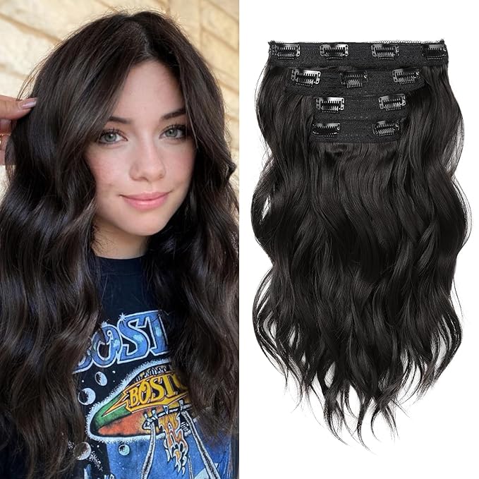 REECHO Clip in Hair Extensions - 4PCS 14" Short Beach Wavy Hairpieces, Invisible Lace Weft, Natural Soft Hair for Women (Black Brown)
