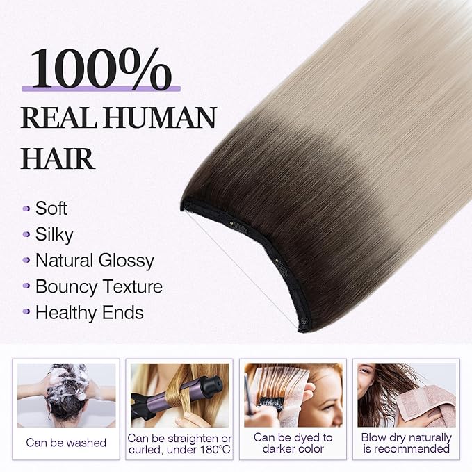 Halo Hair Extensions Real Human Hair,Halo Hair Extension 100% Human Hair, Wire Hair Extensions,Straight Natural Black to Gray Ombre 12inch/55g