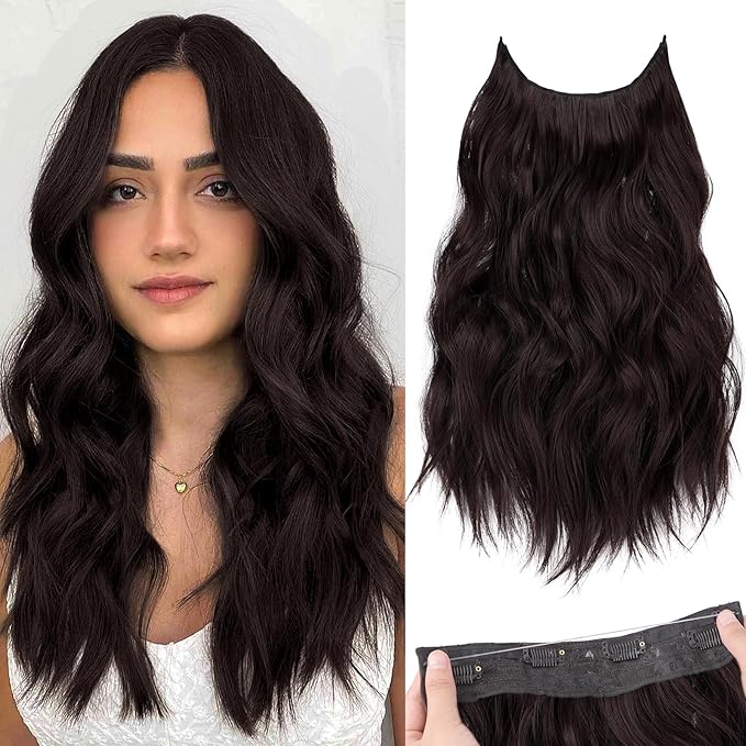 KooKaStyle Invisible Wire Hair Extensions with Transparent Headband Adjustable Size 4 Secure Clips Long Wavy Hairpiece 16 Inch Reddish Chocolate Brown for Women