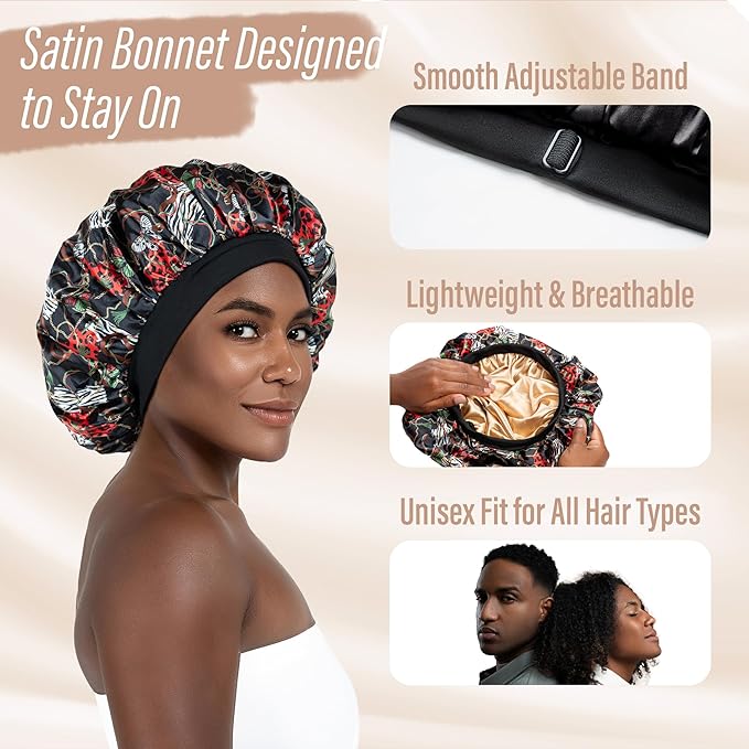 CAPLORD Double Sided Satin Bonnet for Sleeping - Adjustable Silk Sleep Cap for Women and Men