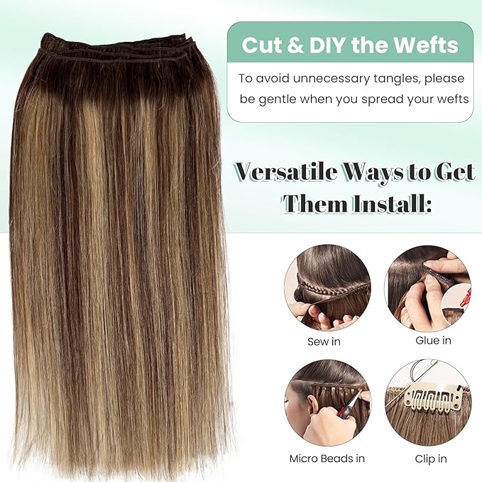 Balayage Sew in Hair Extensions Real Human Hair Medium Brown and Blonde Weft Hair Extensions Human Hair 20 Inch Silky Straight Brown Hair Wefts with Blonde Highlights 100G Per Bundle