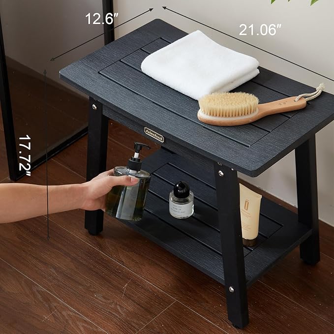 Large HDPS Shower Stool, Shower Bench for Inside to Sit On, Waterproof Bathroom Chair Seat for Shaving Legs, Foot Rest Stool with Storage Shelf, Non-Slip & No Maintenance, Black