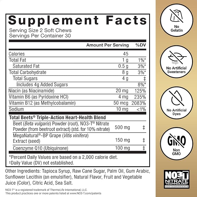 Force Factor Total Beets Ultimate Heart Health Chews for Blood Pressure Support, with Beetroot Powder, CoQ10, B Vitamins & Grapeseed Extract for Blood Flow & Energy, Pomegranate Berry, 60 Soft Chews