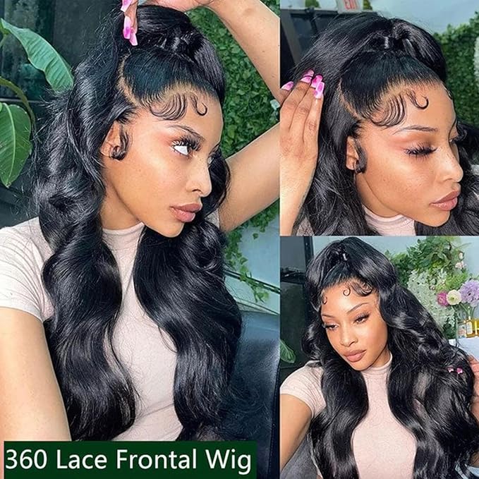 360 Lace Front Wigs Human Hair 220% Density Hidden Straps Body Wave HD Lace Front Wigs with Drawstring 360 Full Lace Wigs Brazilian Virgin Human Hair Wig for Women Natural Black 28Inch