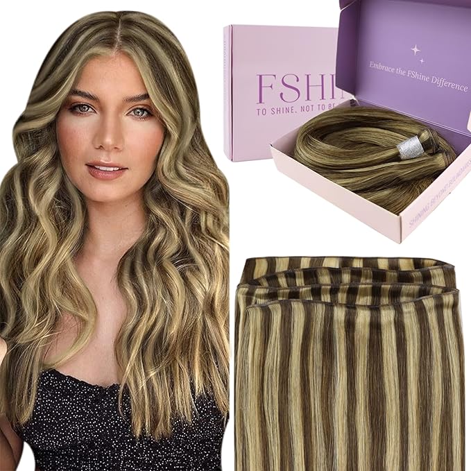 Fshine Genius Weft Real Human Hair Extensions Color Medium Brown Highlight Honey Blonde 22 Inch 60g Highlight Sew in Human Hair Extensions Hair Weave Hand Tied Natural Human Hair Bundle