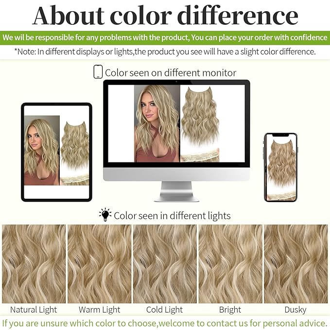 KooKaStyle Invisible Wire Hair Extensions with Transparent Wire Headband Adjustable Size 4 Secure Clips Long Wavy Hairpiece for Women(Beige Blonde mix Lvory Blonde Highlights16inch)