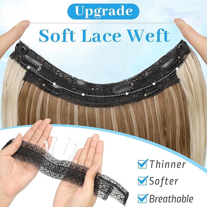 KooKaStyle Invisible Wire Hair Extensions with Transparent Wire Adjustable Size 6 Secure Clips Long Wavy Layered Synthetic Hair Extensions P12A/24#Ash Medium Brown Mix Bleach Blonde 20 Inch