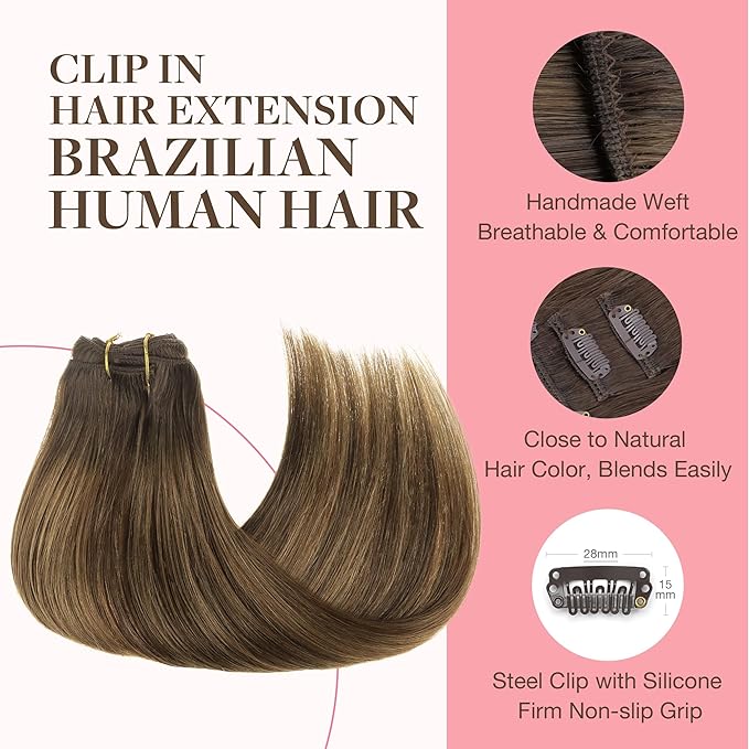 GOO GOO Clip in Hair Extensions Real Human Hair, Remy Human Hair Extensions Clip ins for Women, Natural Human Hair, 20inch 120g 7Pcs, 4D/14/5B Brunette Balayage