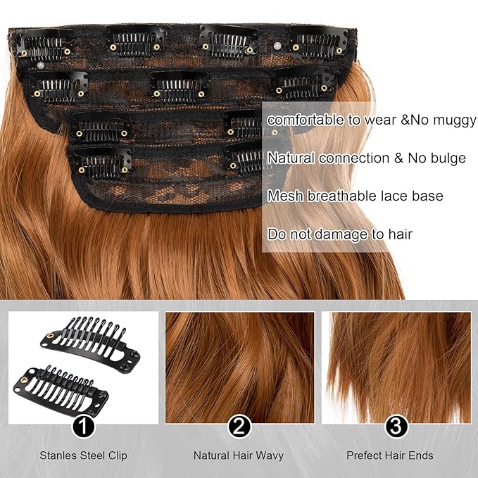 Cooper Red Hair Extensions Clip ins 20 Inch Hair Extensions Long Wavy Cosplay Hairpieces for Women Synthetic 4Pcs