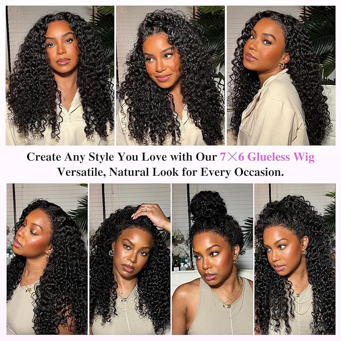 7x6 Burmese Curly Glueless Wigs Human Hair Pre Plucked Pre Cut 250% Density Drawstring Wig for Black Women 7x6 HD Lace Front Wigs Human Hair Glueless Wear and Go Nautural Color 34 Inch