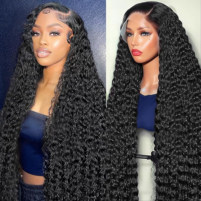 36 Inch Deep Wave Lace Front Wigs Human Hair 13x6 HD Lace Front Wigs Human Hair Pre Plucked Deep Curly Wig Deep Wave Wigs for Women 200 Density Natural Color