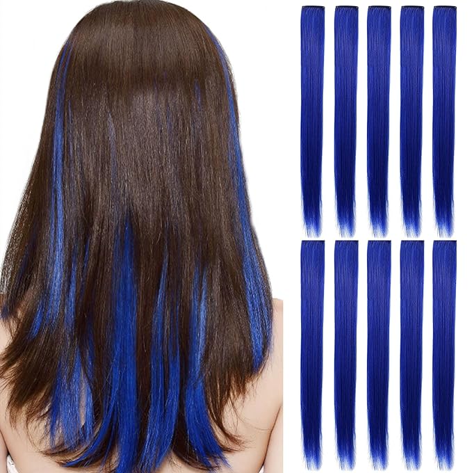 Rhyme 9PCS 21" Colored Clip in Hair Extensions Blue Hair Extensions for Women Girls Hair Clips Party Highlights hair Accessories (Blue)