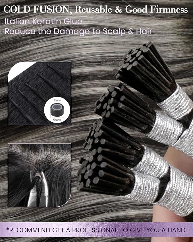 LaaVoo Itip Human Hair Extensions Balayage I Tip Hair Extensions Black Mix Silver Grey Itips Hair Extensions Human Hair for Women 20inch 100g 100s