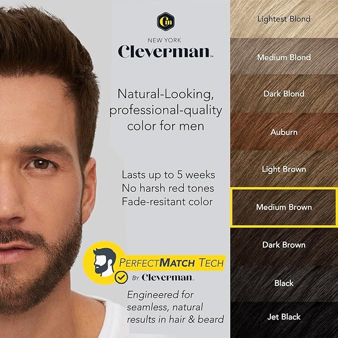 Cleverman Hair & Beard Dye Kit for Men, All-in-One Reusable Mens Hair Color, Natural Gray Coverage, Ammonia-Free Beard Mustache Dye for Men (Medium Brown, 2 Ounce (Pack of 1))