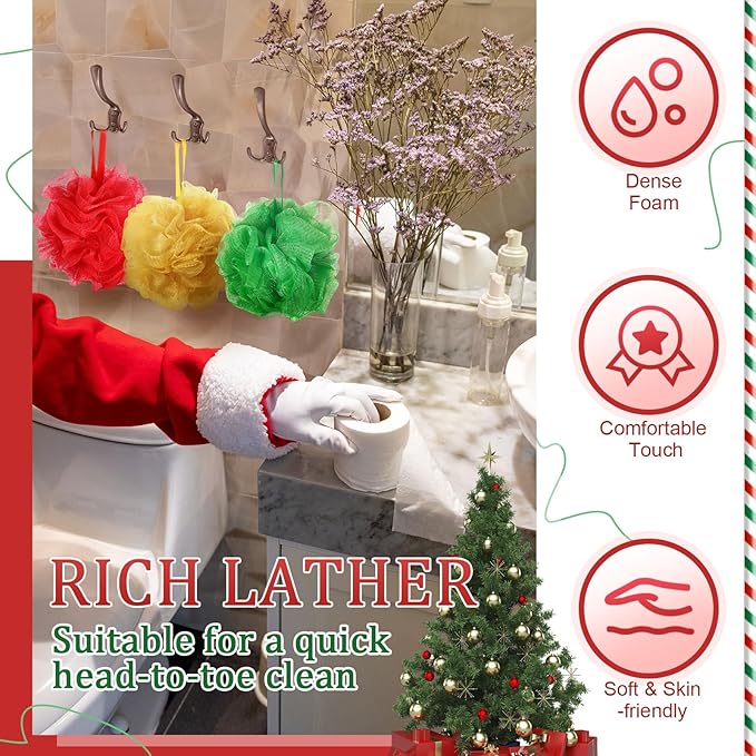 12 Pcs Christmas Bath Loofah Sponge Red Green Loofah Exfoliating Body Scrubber Shower Sponge 50g Mesh Shower Pouf Balls Gift Set for Women Men Bathing Accessories(Red,Green,Gold)