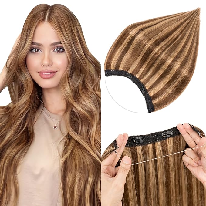 Halo Hair Extensions Real Human Hair,Halo Hair Extension 100% Human Hair, Wire Hair Extensions,Straight 4P27 Medium Brown Mixed Dark Blonde 14inch/60g