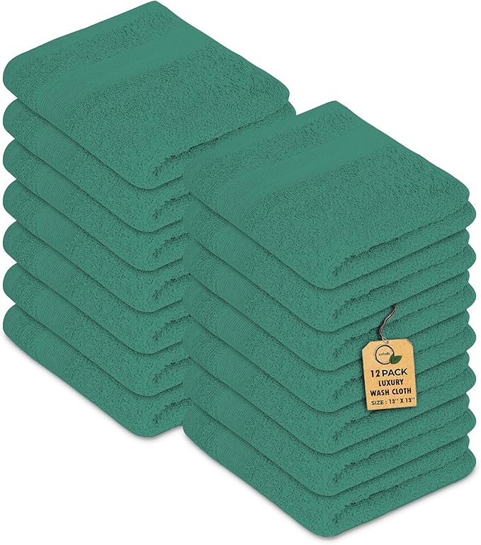 Premium Wash Cloths Pack of 12 (13" x 13") 100% Ring Spun Cotton | Luxury Washcloths | Ultra Soft Face Towels | Highly Absorbent Wash Cloths for face (Dusty Green)