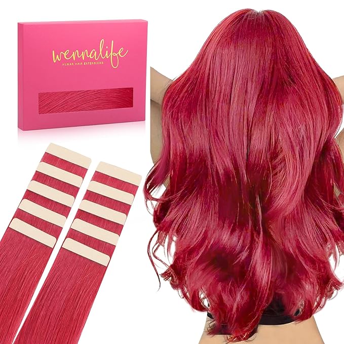 WENNALIFE Tape in Hair Extensions Human Hair Red Tape in Extensions, 10pcs 30g 26 inch Remy Invisible Tape Ins Straight Colored Soft Real Human Hair Tape in Extensions Refill Set Extensions