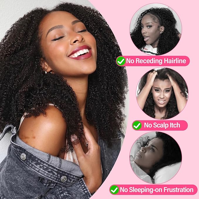 WOWANGEL Kinky Curly Half Wig Human Hair 180% Density Flexi-Fit Invisi 3 in 1 Wigs Flip Drawstring Wig Glueless Wear and Go Headband Wig 100% Human Hair for Women, Natural Black, 22 Inch