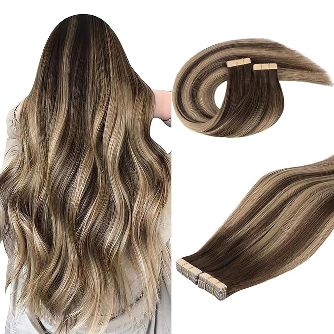 DOORES Human Hair Tape in Extensions, Balayage Chocolate Brown to Honey Blonde 16 Inch 40pcs 100g Skin Weft Seamless Tape in Hair