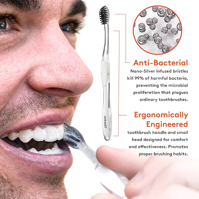 LINHART Extra Soft Toothbrush – Teeth Whitening Toothbrush with Multi Length Bristles, White with Black Bristles, 2 Pack