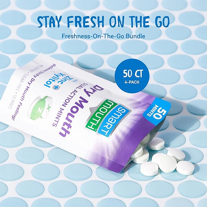 SmartMouth Dry Mouth Dual-Action Mints - Sugar-Free - 50 Count, 4 Pack, Mellow Mint