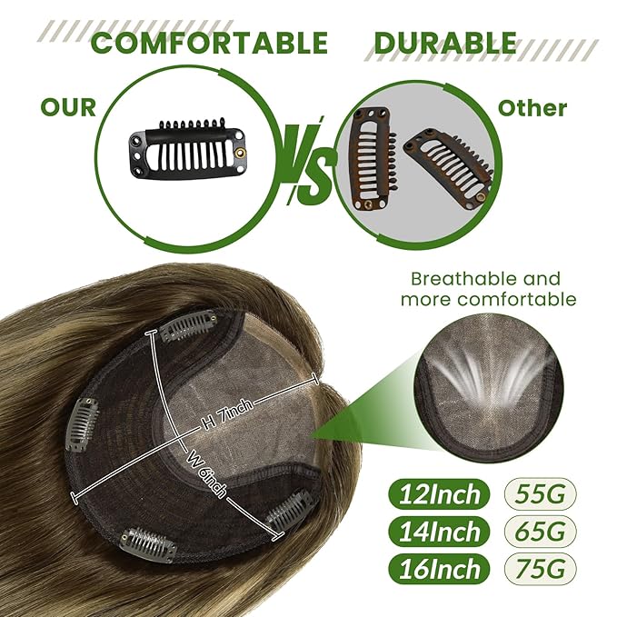 Hair Toppers for Women Real Human Hair 6x7 inch Silk Base 150 Density 65 grams 14inch Balayage Chocolate Brown To Caramel Blonde Wiglet Top Pieces Add Volume（#4274 14inch）