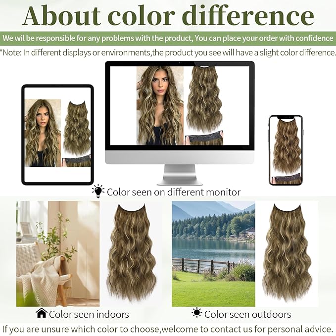 KooKaStyle Invisible Wire Hair Extensions with Transparent Headband Adjustable Size 4 Secure Clips Long Wavy Secret Wire Hairpiece 24 Inch for Women(Medium Brown with Blonde)626D#