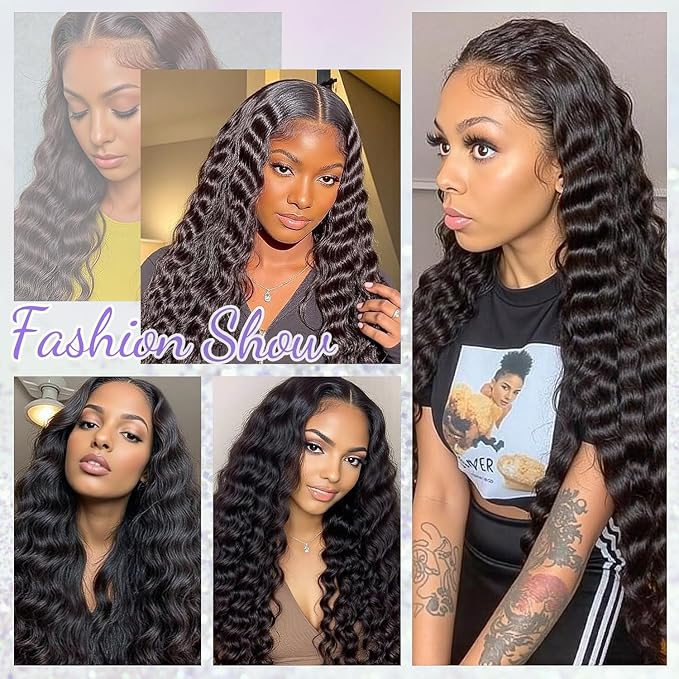 NESMON 34 Inch Deep Wave HD Lace Front Wigs Human Hair Pre Plucked 200% Density 0.1MM Ultra-thin Lace 13x6 Full SKINLIKE HD Lace Wig Wet and Wavy Deep Curly Frontal Human Hair Wigs for Women