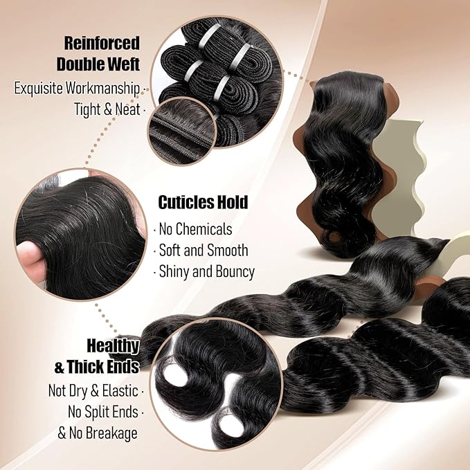 Lynch 15A Body Wave Bundles Human Hair, 16 18 20+14 Inch 5x5 HD Lace Closure, Real 100% Unprocessed Cambodian Raw Virgin Human Hair 3 Bundles with Closure, 105g/Bundle Natural Black For Woman