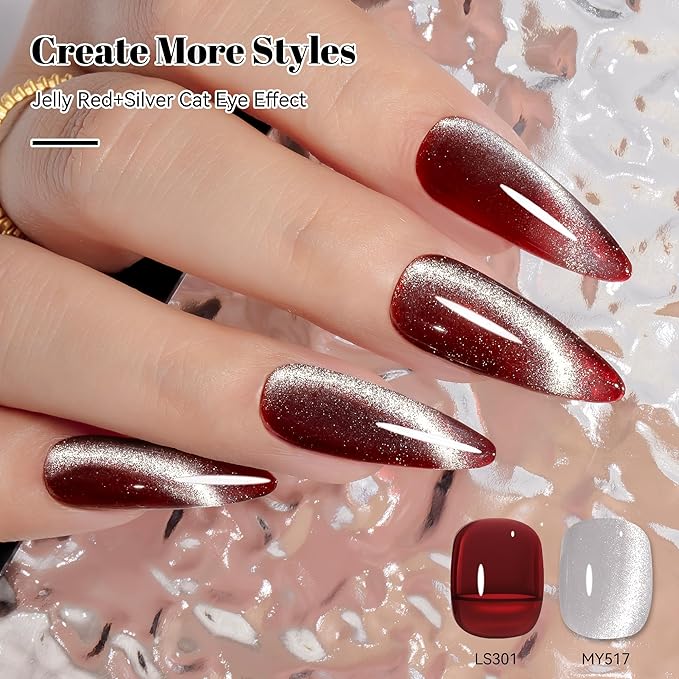 YTD Likomey Cat Eye Gel Nail Polish,Crystal 15ml Silver Magnetic Shimmer Shimmer Glitter Translucent Jelly Shiny Fall Winter Salon Home UV Nail Varnish with Magnet Stick,HEMA Free TPO Free,MY517