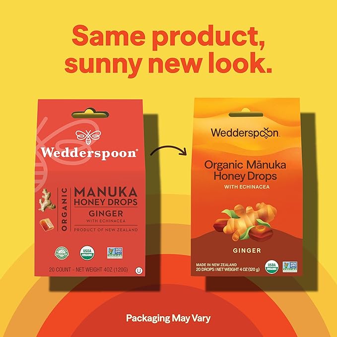 Wedderspoon Organic Manuka Honey Drops, Ginger & Echinacea, 20 Count (Pack of 1) | Genuine New Zealand Honey | Perfect Remedy For Dry Throats