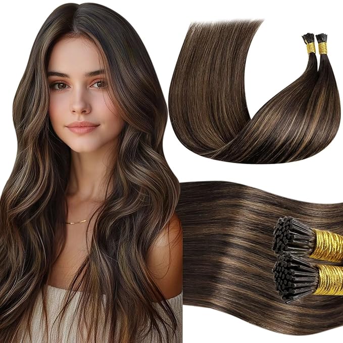 LaaVoo I Tips Hair Extensions Real Human Hair Dark Brown Balayage Brown I Tip Hair Extensions Human Hair Cold Fusion Itip Human Hair Extensions Soft Hair 22inch 100g 100s