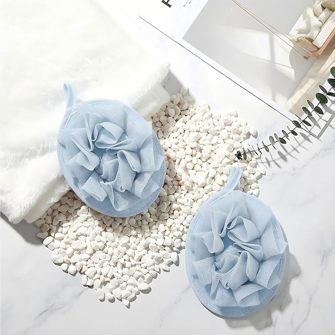 Boao 3 Pcs Bath Shower Pouf Sponge Mesh Pouf Shower Ball Exfoliating Body Sponge Pad Scrubber Glove with Flower Bath Ball (Blue)