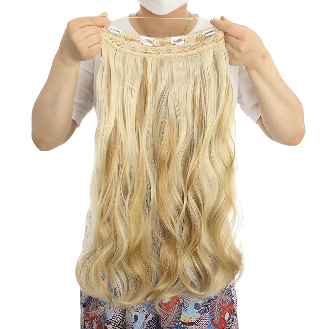 Invisible Wire Hair Extensions Transparent Wire Adjustable Size 4 Secure Clips Long Wavy Curly Secret Hairpiece 24 Inch for Women