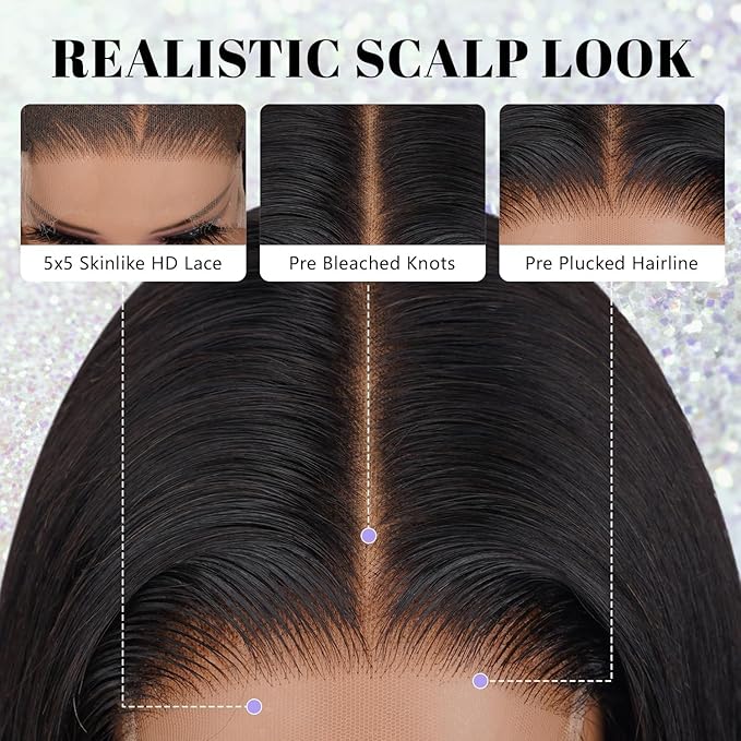 NESMON 5x5 SKINLIKE HD Lace Closure Wigs Human Hair 200% Density Glueless HD Lace Front Wigs Human Hair Pre Plucked Bleached Knots Swiss Lace Straight Wigs for Women 24 Inch