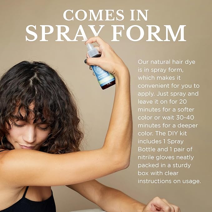 Natural Hair Dye Color Spray - Vegan, Cruelty-Free, Ammonia-Free, Non-Toxic, Permanent, Brown Hair Color - 100% Gray Coverage with Organic Ingredients, Safe for Pregnancy - 4 fl oz