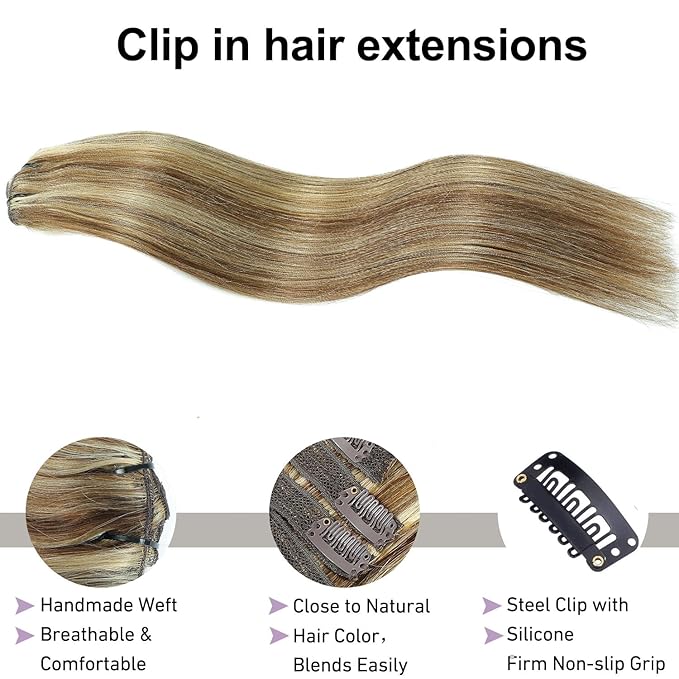 Clip in Hair Extensions Real Human Hair Chestnut Brown to Golden Blonde 14 inch 7pcs 70g/Pack, Human Hair Clip in Extensions, Salon-Grade Quality, Easy Comfort Wear for Women (#P6/22, 14 inch)