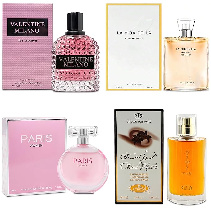 Top Sales 4 Piece Women Perfume Set Choco Musk/Valentine Milano/La Vida Bella/Paris Eau de Parfum, Women's Fragrance Sets with Luxury Gift Box for Daily Use