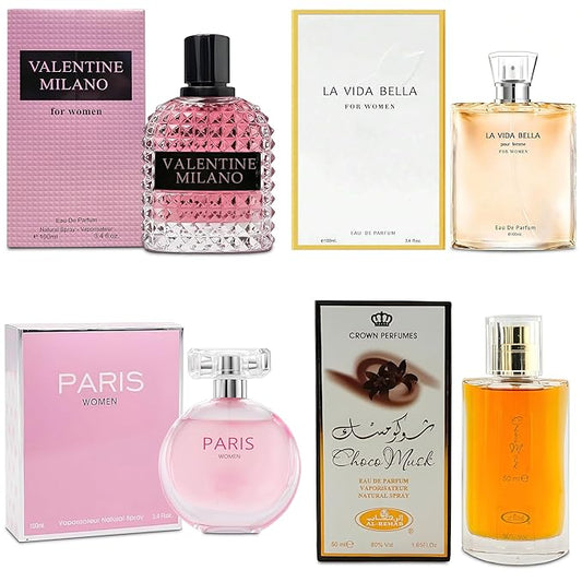 Top Sales 4 Piece Women Perfume Set Choco Musk/Valentine Milano/La Vida Bella/Paris Eau de Parfum, Women's Fragrance Sets with Luxury Gift Box for Daily Use