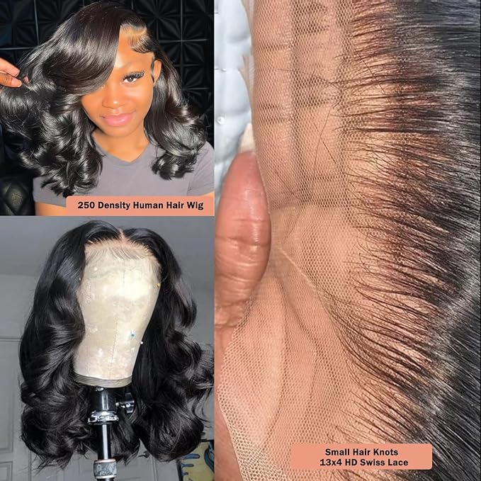 Bob Wig Human Hair Body Wave HD Lace Front Wigs Human Hair 250% Density 13x4 Glueless Wigs Human Hair Pre Plucked Short Bob Wigs for Black Women Natural Black Color (10 inch, Bob Wig)