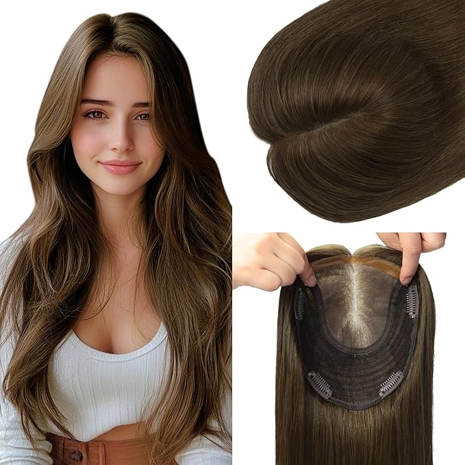 HAIR Real Human Hair Toppers for Women 150 Density 6x7inch 75 grams 16 inch medium dark brown for Women with Thinning Crown
