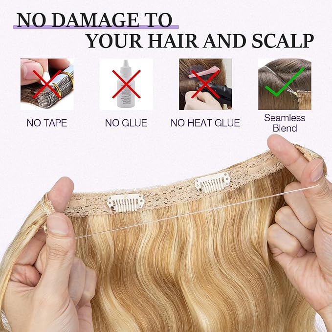 Halo Hair Extensions Real Human Hair,Halo Hair Extension 100% Human Hair,Wire Hair Extensions,Wavy 18P613 Gold Blonde Mixed Bleach Blonde 60g/14inch